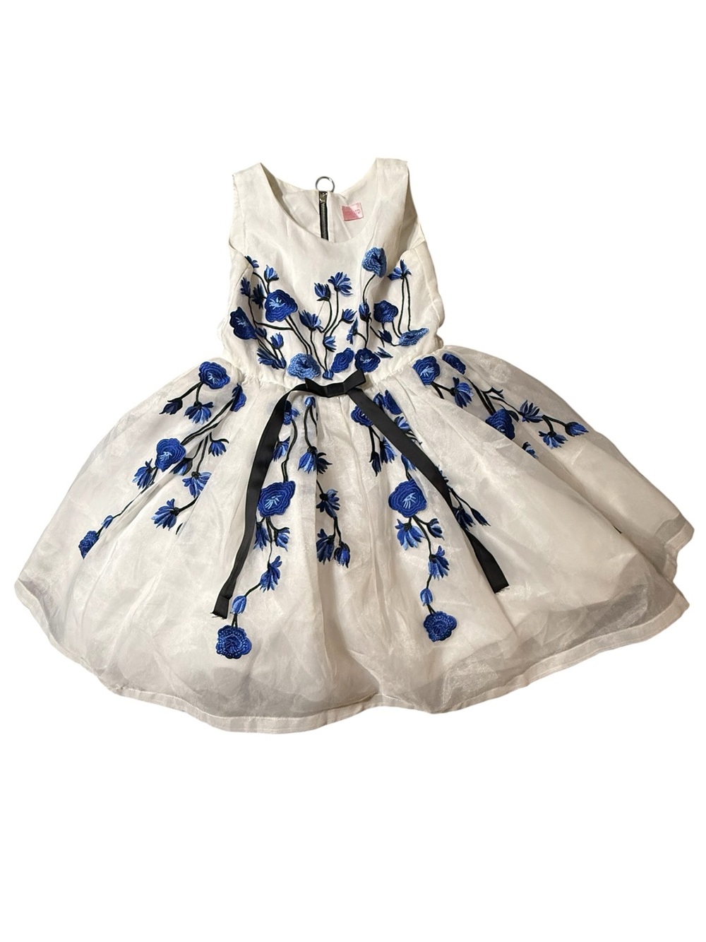 Zoe Ltd White Blue Floral Embroidered Party Dress Tulle Bow Size 14 Girls Teen